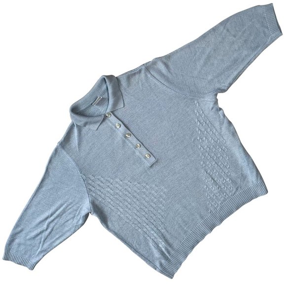 Aspa (Germany) Interlock Cable Knit Viscose Blend Polo Sweater Baby Blue : L - Picture 3 of 7